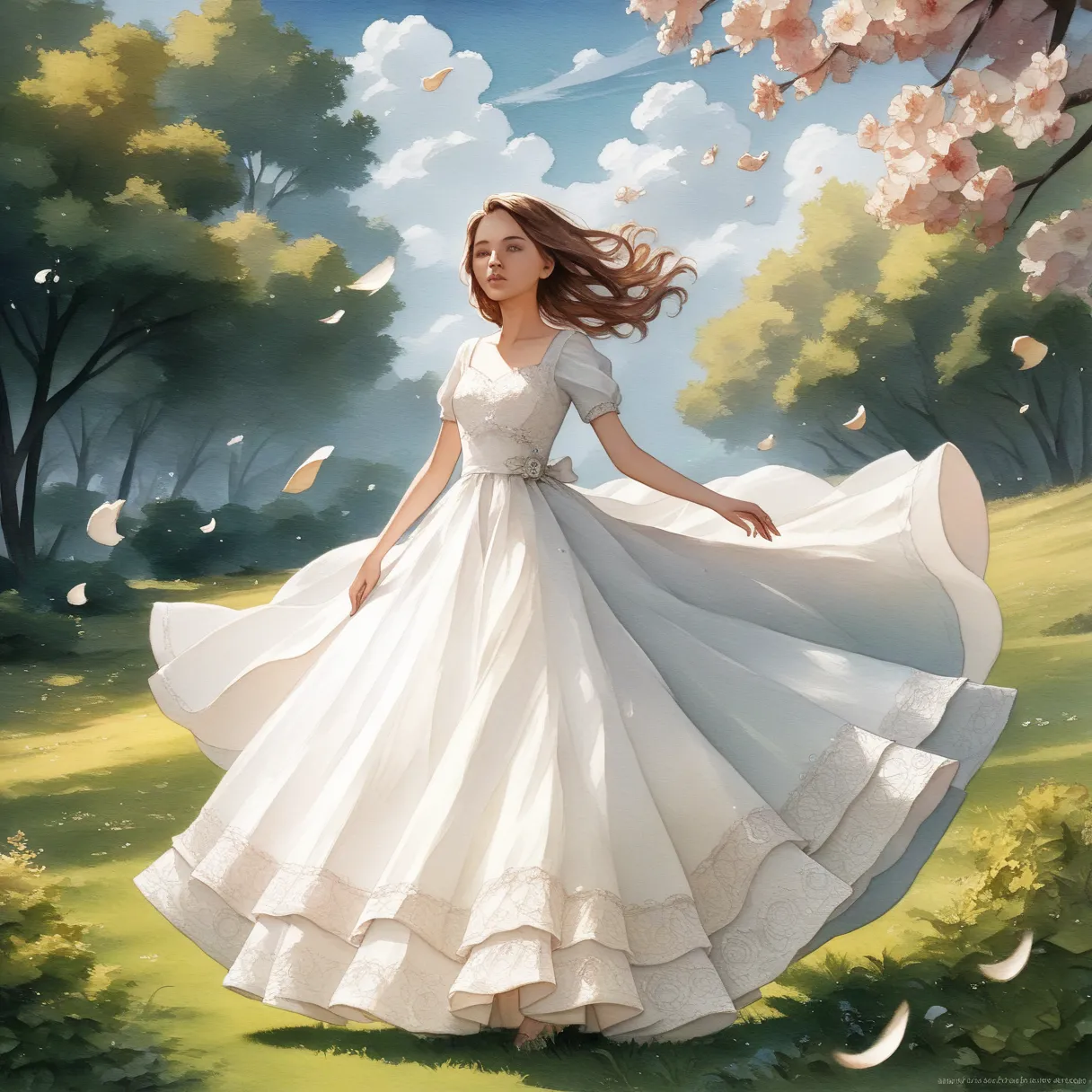 A woman in a flowing dress, digital art, official art, blowing in the wind, masterpiece, beautiful, ((watercolor)), paint splatters, complex details, detailed, [flowing:0.5], popular on ArtStation, by Rachel Walker