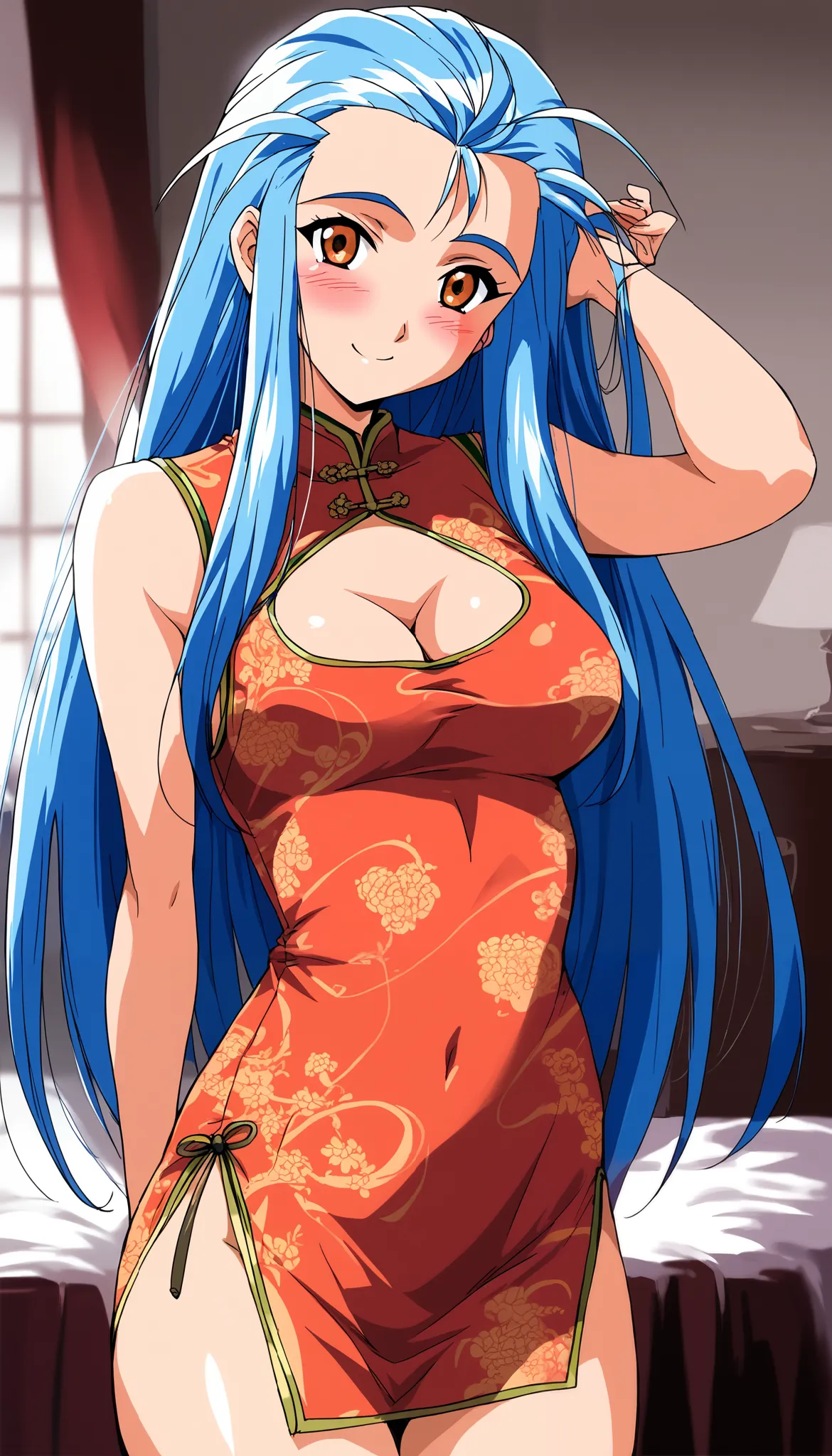 score_9, score_8_up , score_7_up , source_anime, rating_explicit, minazuki_Kotoko, blue hair, long hair, orange eyes, medium breasts, 1girl , Alone, 1990s (style), (cowboy shot),  small breasts, cleavage, (blush), (shy:1.1), (smile), (cheongsam dress), ( s...