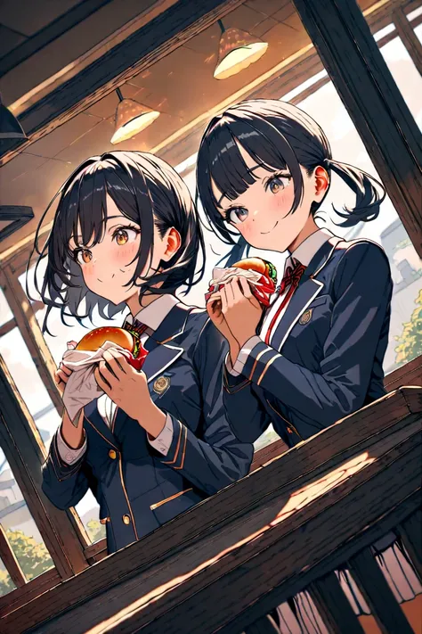 masterpiece,best quality,hyper detailed, girls on the left,Black hair pigtails, blazer uniform,Stuff one&#39;s mouth with a hamburger,smile,restaurant interior background,dynamic angle