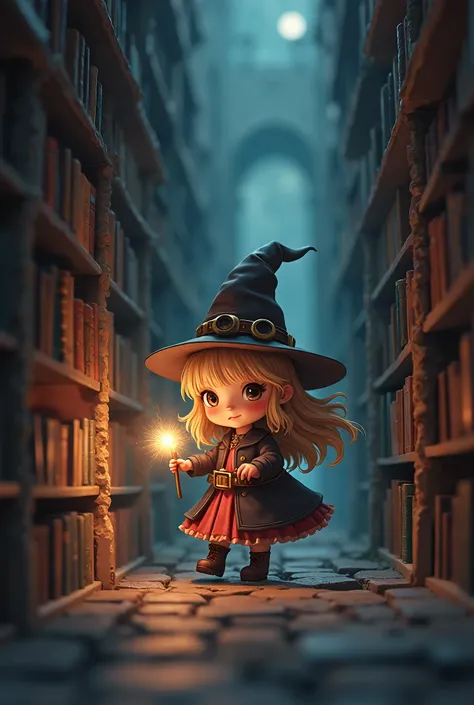 ( best quality:1.2)。steampunk。 one girl。 Little cute witch 。 chibi。 Light brown fluffy long hair 。 walking with a magic wand with both hands 。An expression full of curiosity 。 illuminates the area with a magical light 。 The background is a completely dark,...