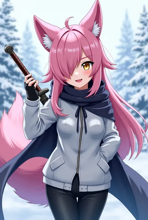 ( maximum quality,  best quality,  official art , beautiful and aesthetic :1.2) female anime, wolf girl, rebellious girl,  long pink hair with bangs covering the right side of her face,  golden eyes, pink wolf ears, pink voluminous tail,  voluminous white ...