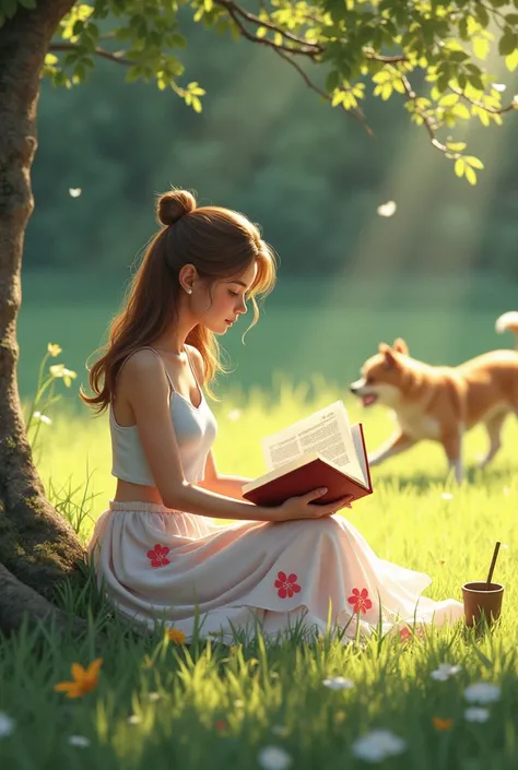 Generate a graphics pic where a girl woth white crop top and long pink flower white skirt reading a novel book and long sitting on the grass under the tree  with some sun lights and a matcha cup nearby her also have dog run around