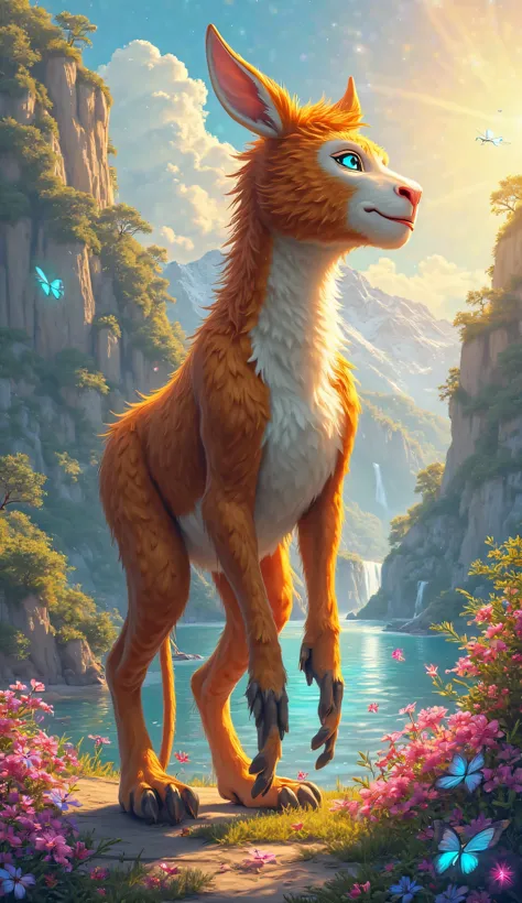 Create a breathtaking hybrid creature combining a giant monkey and a giant donkey, radiating playful energy and majestic beauty. The creature has the muscular, agile body of a monkey, covered in soft, iridescent fur that shifts between golden amber, deep c...