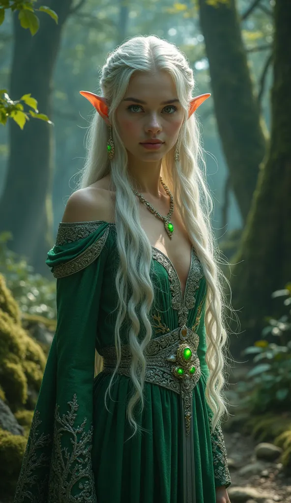 Create a highly detailed, 4K-quality image of an Elven princess from 'The Lord of the Rings.' She stands in an ancient, enchanted forest bathed in moonlight, with tall trees whose silver leaves glow faintly. Her long, silvery-white hair flows with soft wav...