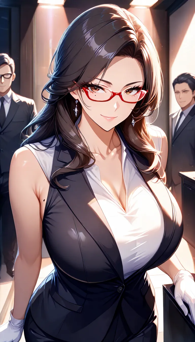 criminal,( mature woman , big breasts,  brown eyes),  female 1 person,(, hairstyle, black hair, long hair, mole under eye on penis armpit:1.2, Small face,  beautiful skin,smile), glossy lips ,  highly detailed faces, long eyelashes, (White gloves, black bu...