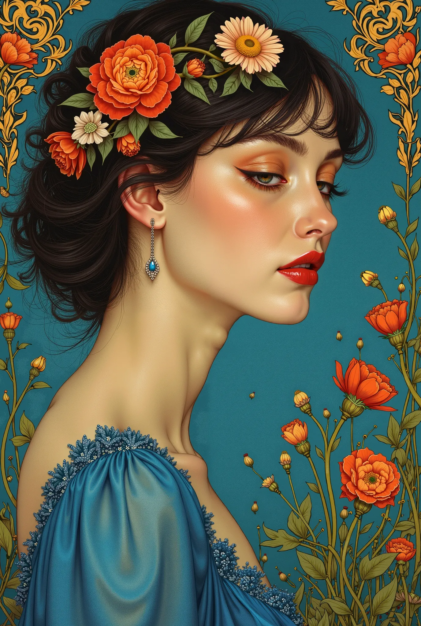 a close up of a woman in a blue dress with flowers, a digital painting inspired by Alfonse Mucha, pixiv contest winner, art nouveau, alphonse mucha and rossdraws, beeple and alphonse mucha, alphonse mucha and craig mullins, james jean & alphonse mucha, alp...