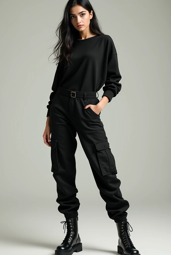 A Pakistan beautiful stylish women 20 years white skin and Black hair and black cargo shirt and black cargo pant and black boots shining realistic 8k uhd upscale realistic