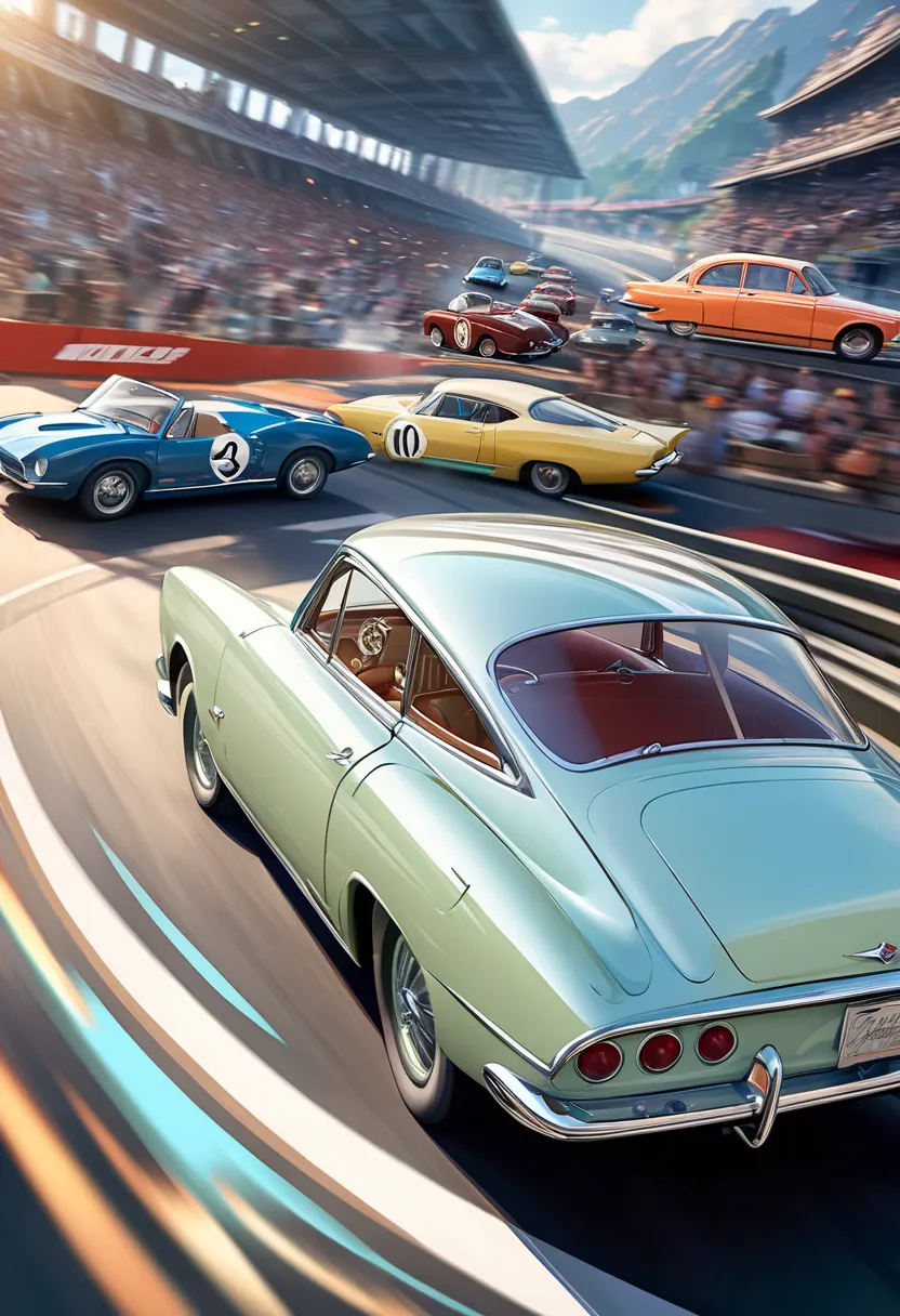 Create an epic image of vintage Japanese cars from before the 1950s racing through an otherworldly dimension and transcending time and space, Emphasize the sense of speed and motion with the cars appearing to warp and blur as they dash through the surreal ...