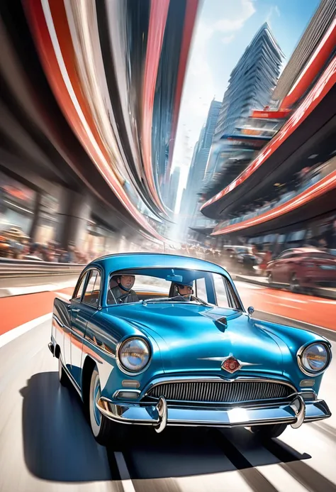 Create an epic image of vintage Japanese cars from before the 1950s racing through an otherworldly dimension and transcending time and space, Emphasize the sense of speed and motion with the cars appearing to warp and blur as they dash through the surreal ...