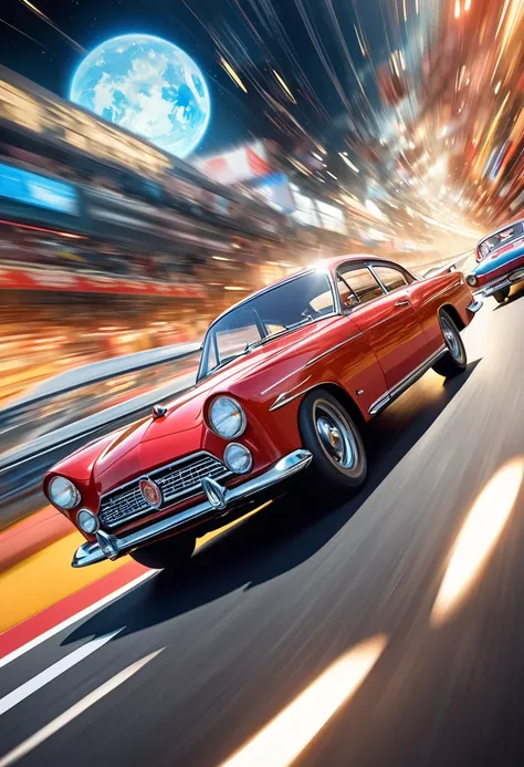 Create an epic image of vintage Japanese cars from before the 1950s racing through an otherworldly dimension and transcending time and space, Emphasize the sense of speed and motion with the cars appearing to warp and blur as they dash through the surreal ...