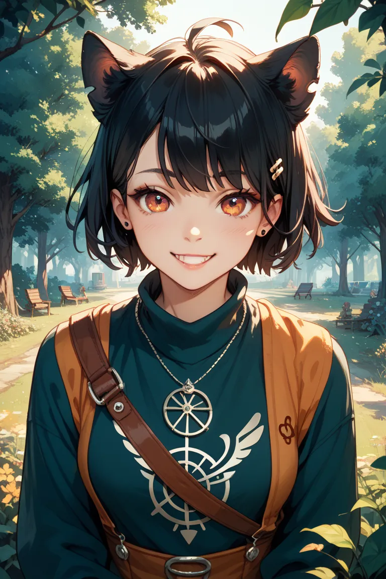  black hair　animal　 Humanization　smile　 in the woods