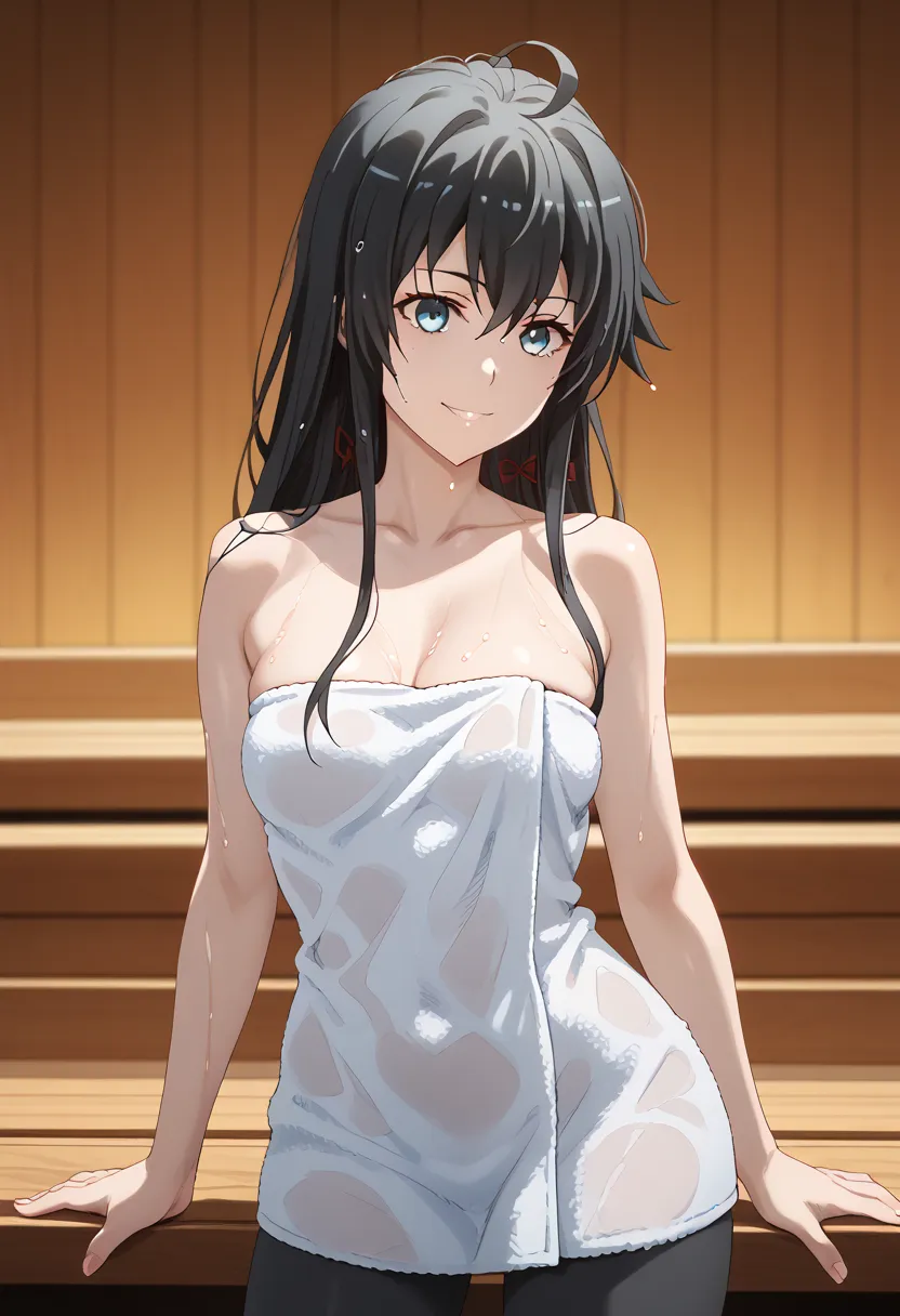  better quality,  masterpiece, excellent proportions, Yukino Yukinoshita,  black hair , ( black-haired),  blue eyes,  long hair, Ahoge,  nude towel, ( wearing only a towel), (Hair and wet skin ),  sauna, hot springs ,  light smile,  breasts, waist, 1 woman...