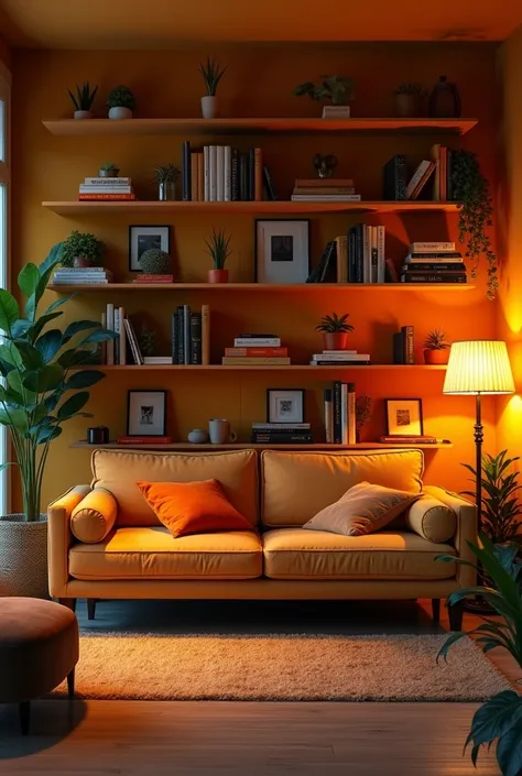 creates a 4k 1920 x 1080 pixel image of a cozy living room with warm light, full of lamps , sofas bookshelves , books, Plants, , with a cozy atmosphere in orange tones , Marrones, greens, yellow with the sofa in the front 