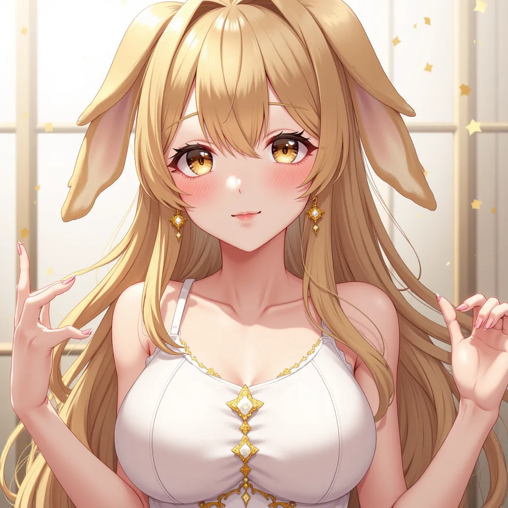  1 girl, chest,  Rabbit Ears,  high resolution,  Gold,  long hair, Disheveled Hair, chest, 大きなchest,  crystal earrings ,  blushes,  odd-eye, smile,  dutch angle,  moles at the corners of their mouth ,  glitter effect,  clay rendering , 