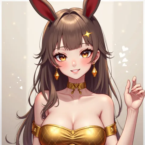  1 girl, chest,  Rabbit Ears,  high resolution,  Gold,  long hair, Disheveled Hair, chest, 大きなchest,  crystal earrings ,  blushes,  odd-eye, smile,  dutch angle,  moles at the corners of their mouth ,  glitter effect,  clay rendering , 