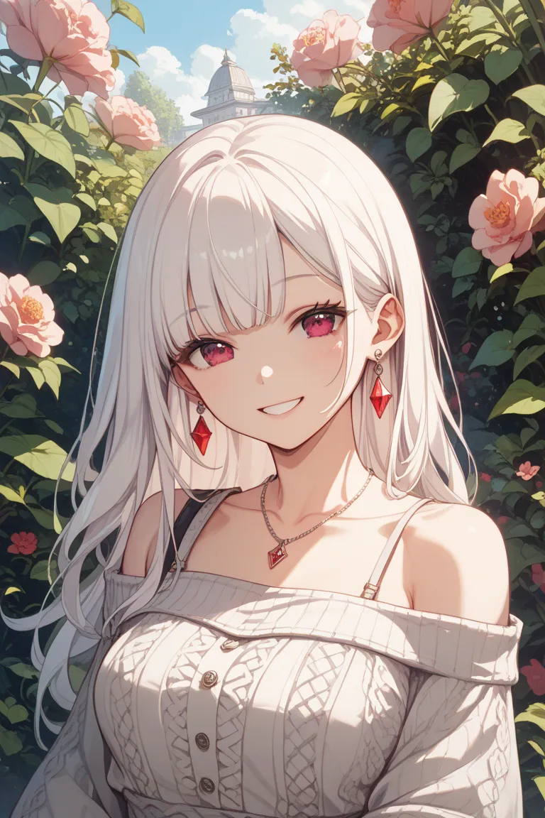  Albino Woman 、 quick bangs、 long straight hair、Pink Red Eyes 、 slightly larger bust 、off-the-shoulder casual light grey knit、 pendant、garden、smile、 long hair、 not wearing earrings 、