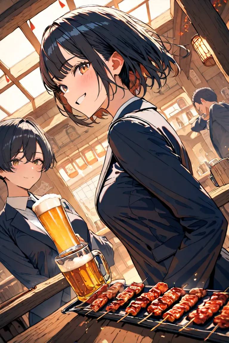 masterpiece,best quality,hyper detailed, girls on the left, black hair short hair, suit, beer,Yakitori,smile,tavern interior background,dynamic angle