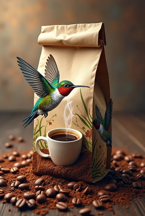 Design of a special coffee package with a cup of coffee and a hummingbird and ground roasted coffee beans  