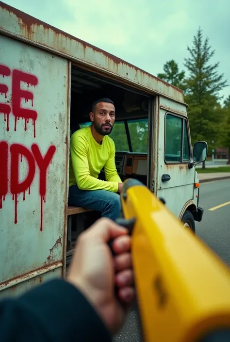 "A gritty, realistic scene featuring a run-down white cargo van with peeling paint and visible rust. The van has the words 'FREE CANDY' crudely spray-painted in dripping red letters on its side, contributing to a disturbing and ominous atmosphere. The van’...