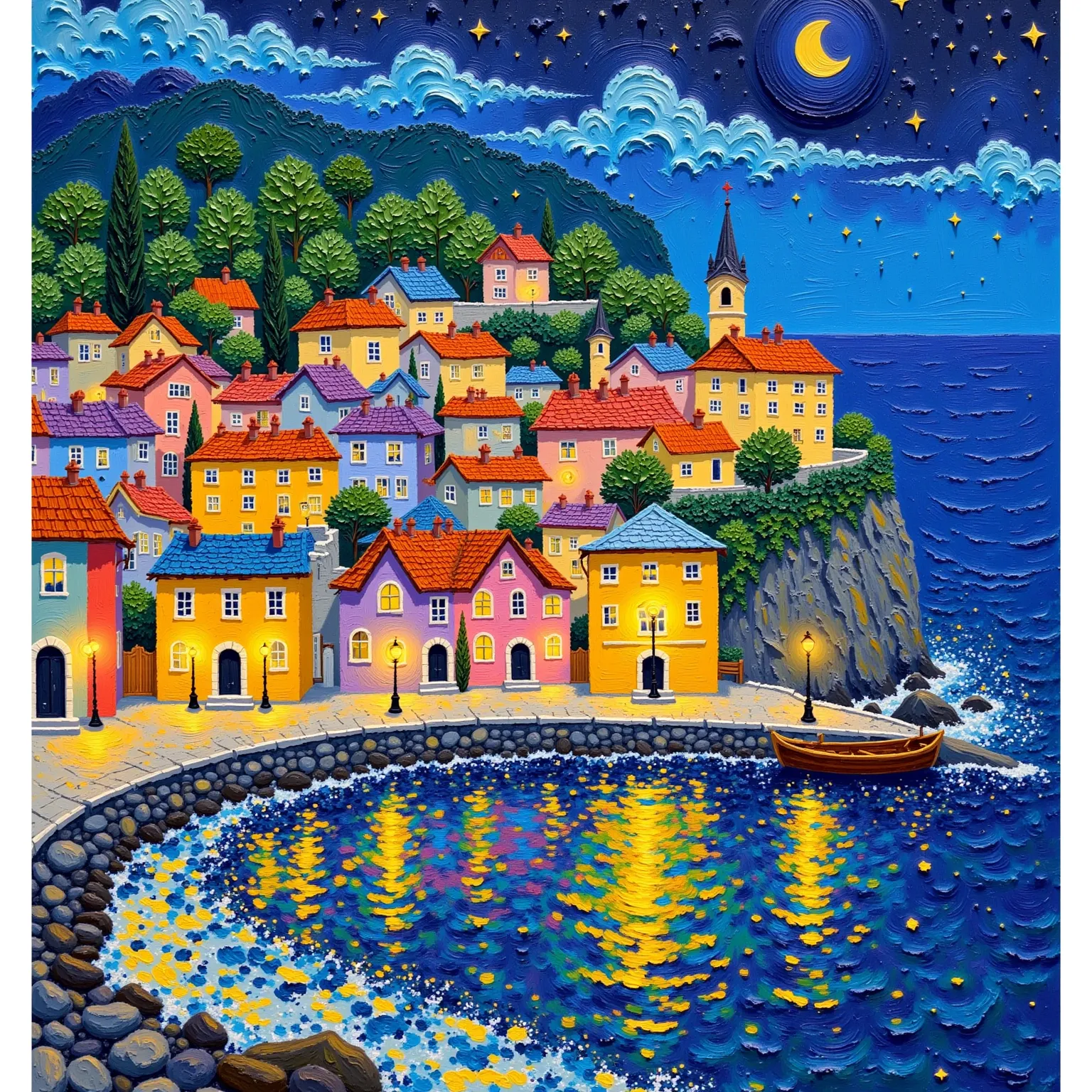 Thick-coated oil paint，Texture，Color texture painting，石膏Texture，Beautiful seaside town， night view。 bright color 