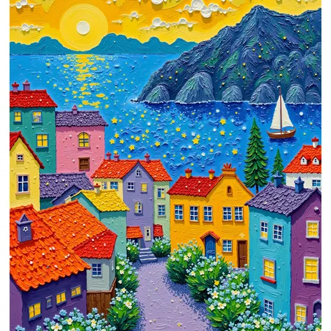 Thick-coated oil paint，Texture，Color texture painting，石膏Texture，Beautiful seaside town， night view。 bright color 