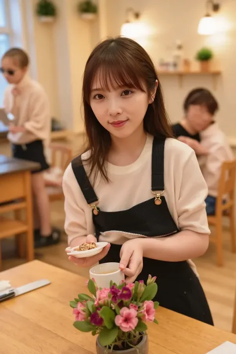 "A charming café interior with warm lighting and cozy wooden furniture. A cheerful and cute female barista, wearing a neat apron and a gentle smile, is gracefully carrying a steaming coffee cup to a table. She has shoulder-length hair, styled neatly, and i...