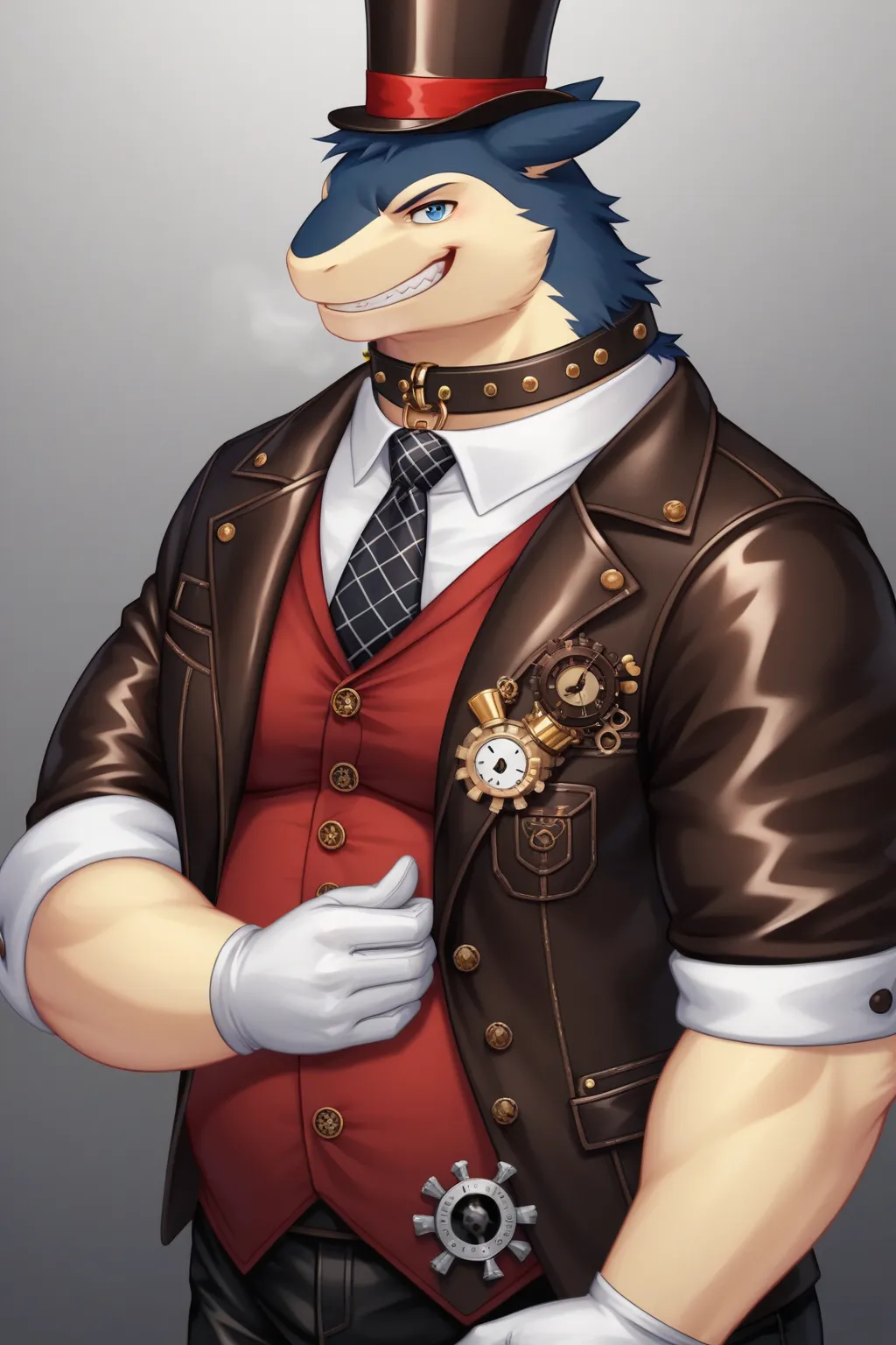 Solo, Male, fat, musclegut, obese, steampunk, gentleman, dapper Typhlosion, blue eyes, wearing a big leather collar around his neck, (Leather Collar:1.3), (artist:Takemoto Arashi), (soft shading), 4k, hi res, ((detailed face, detailed)), looking at viewer,...