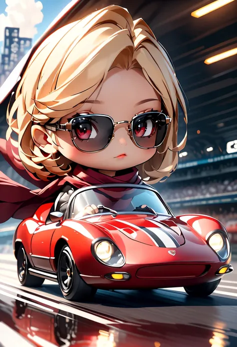  (Photorealistic vintage sports car, detailed chrome trim, smooth red body, glossy black rims, glossy paint, Woman in sunglasses, blonde, scarf、cute girl driving, dramatic lighting, cinematic angles, intricate engine details, reflective surfaces, , ((defor...