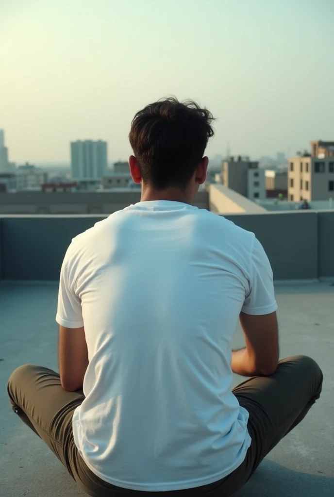 A man in a white T-shirt, whose back is visible in close-up, sits on the roof, Diagonal angle, Low angle shot, Action shot, Dutch angle