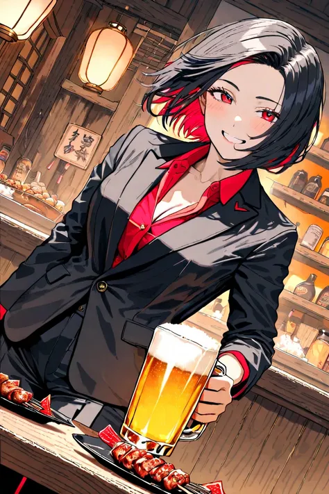 masterpiece,best quality,hyper detailed,Girls in their 20s, black hair short hair, inner color, suit, beer,Yakitori,smile,tavern interior background,dynamic angle