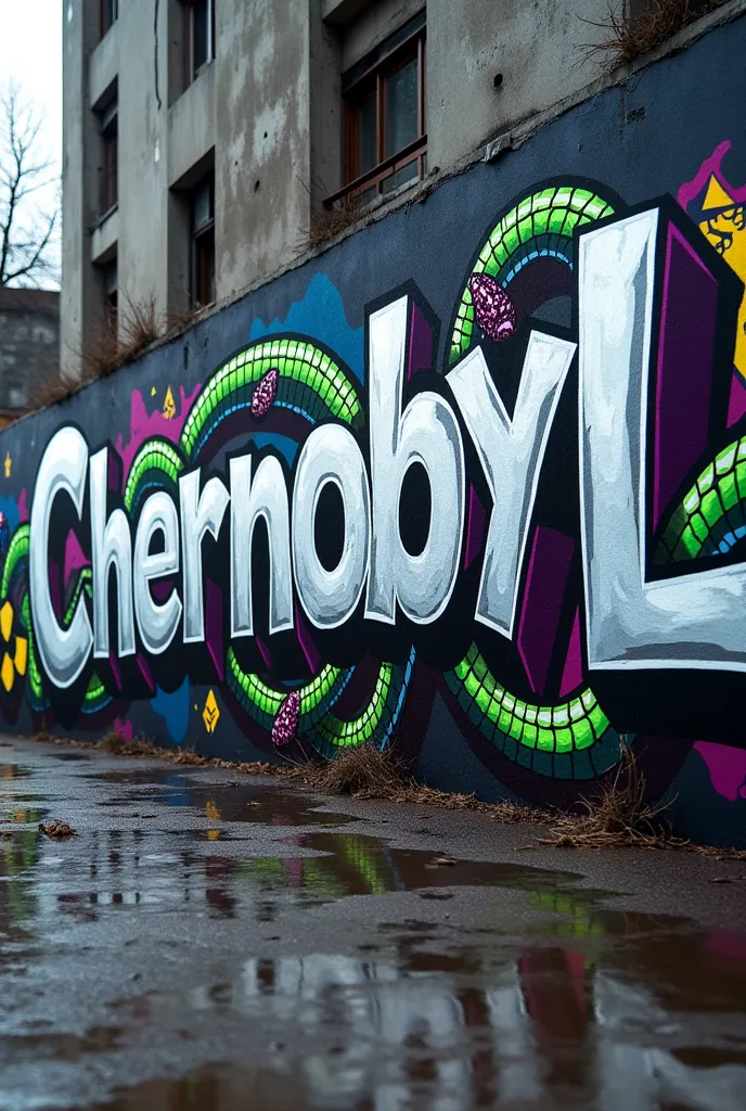 Create vibrant graffiti on a wall in the city of Chernobyl.  The word  "Chernobyl"  is represented in a daring style of graffiti ,  with large, angular letters in a metallic white tone .  Around the letters ,  there are snakes in bright neon colors such as...