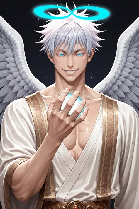 1boy, male focus, gojou satoru, jujutsu kaisen, short hair, hair between eyes, blue eyes, grin, squinting eyes, muscular, handsome, sexy man, mature male, cool, angel, large angel wings, infinity symbol shaped angel halo, blue glowing halo, Male Fantasy Cl...