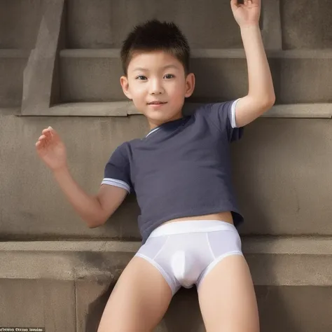 A Chinese boy aged 8 wears a pair of underpants in one crotch., as real