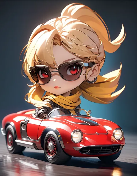 (Photorealistic vintage sports car, detailed chrome trim, smooth red body, glossy black rims, glossy paint, Woman in sunglasses, blonde, scarf、cute girl driving, dramatic lighting, cinematic angles, intricate engine details, reflective surfaces, , ((deform...