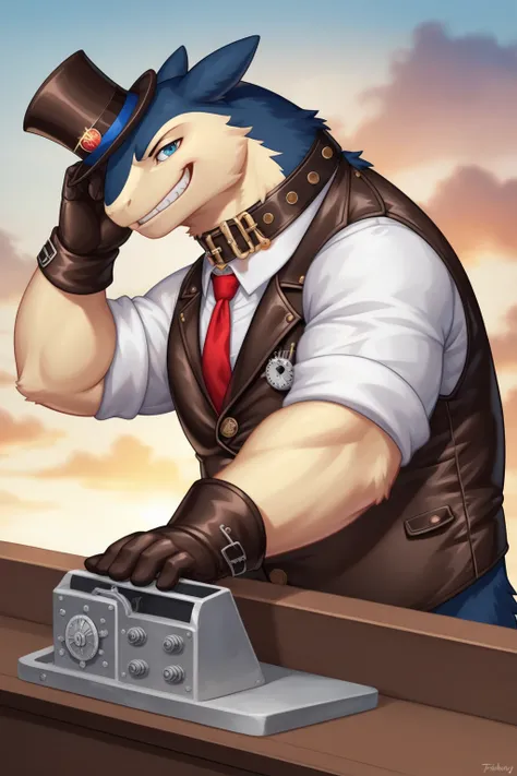 Solo, Male, fat, musclegut, obese, steampunk, gentleman, dapper Typhlosion, blue eyes, wearing a big leather collar around his neck, (Leather Collar:1.3), (artist:Takemoto Arashi), (soft shading), 4k, hi res, ((detailed face, detailed)), looking at viewer,...