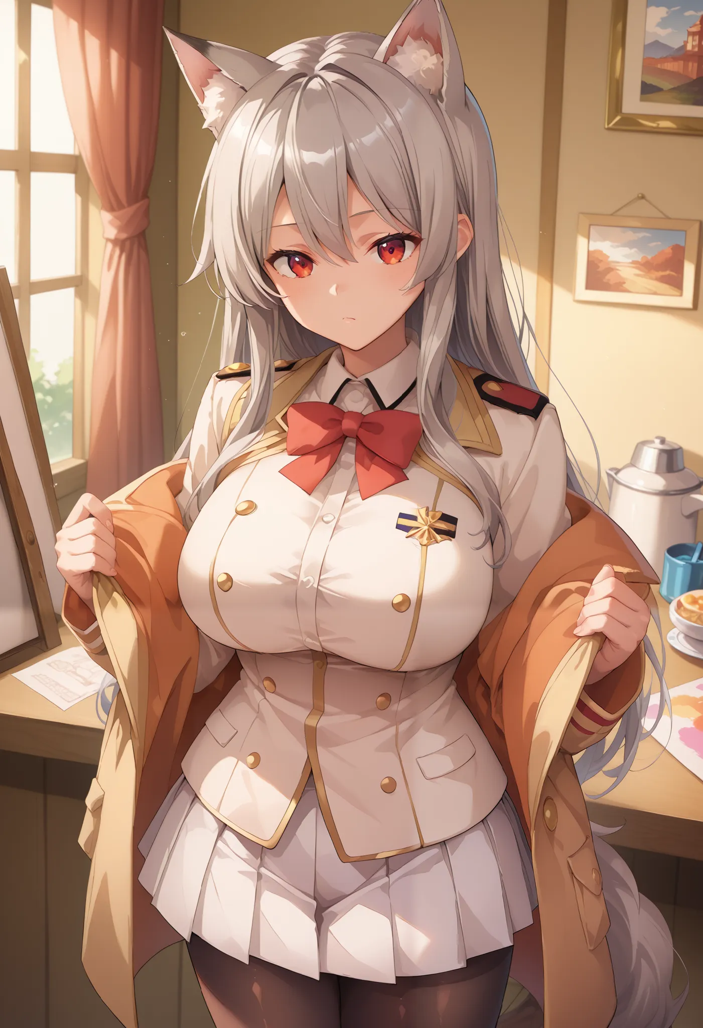    masterpiece,   top quality,   nothing ,   long hair,   1 girl,  alone,  Gray Hair,  wolf ear, big breasted、nsfw、   anime style、  Put a coat over a white military uniform、  black tights、   pleated skirt 、  red eyes、  Anime Painting、エロティックスタイル、パイズリフェラ、パイズ...