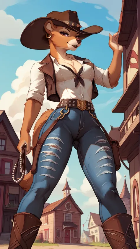 (furry Panther), thick fur, Female Outlaw, wearing a classic wide-brimmed cowboy hat, fitted, pearl-snap western shirt with delicate embroidery, suede or leather vest with fringe details tailored for a sleek silhouette, (Leather chaps with a feminine cut w...