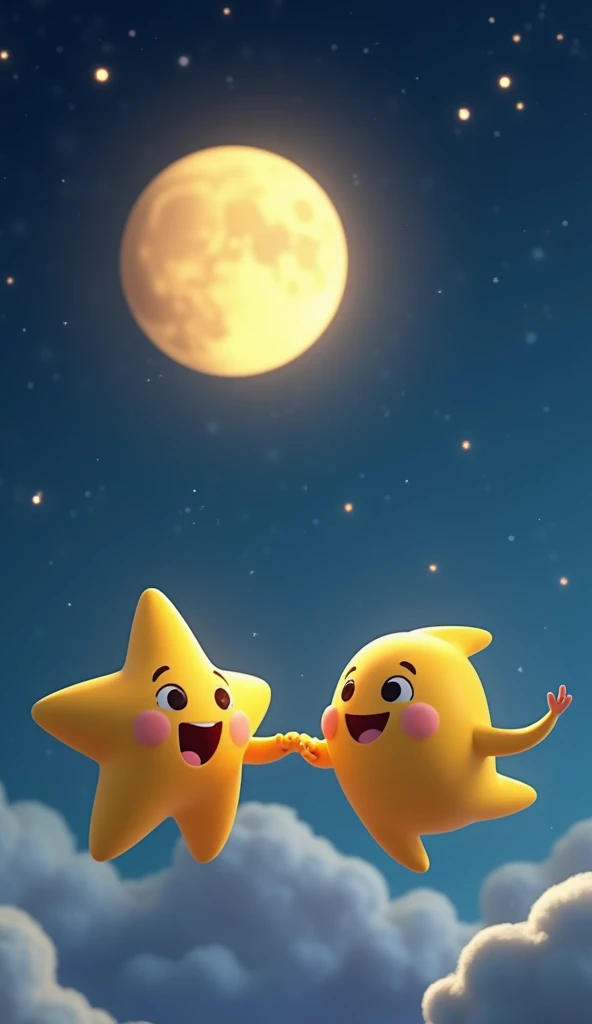 Create a small yellow star FLING beside a round, laughing moon in the night sky. The star giggles with joy, her round rosy cheeks and deep black eyes sparkling brightly. The moon, with a cheerful expression, shines warmly, adding to the playful atmosphere....