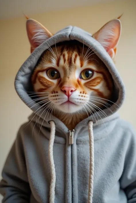 A medium close-up of a ginger cat wearing a gray hoodie. The cat is centered in the frame and is facing the viewer.  It appears to be a young adult cat. Its fur is a light orange-brown color, with some white markings on its face and paws.  The cat is weari...