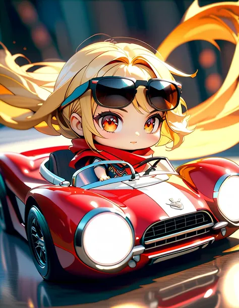 (Photorealistic vintage sports car, detailed chrome trim, smooth red body, glossy black rims, glossy paint, Woman in sunglasses, blonde, scarf、cute girl driving, dramatic lighting, cinematic angles, intricate engine details, reflective surfaces, , ((deform...