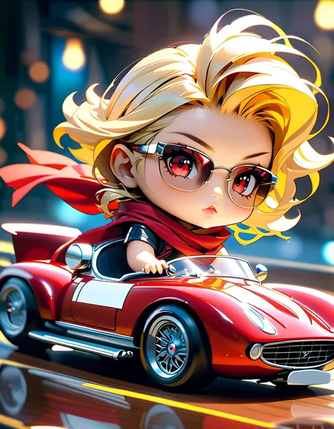 (Photorealistic vintage sports car, detailed chrome trim, smooth red body, glossy black rims, glossy paint, Woman in sunglasses, blonde, scarf、cute girl driving, dramatic lighting, cinematic angles, intricate engine details, reflective surfaces, , ((deform...