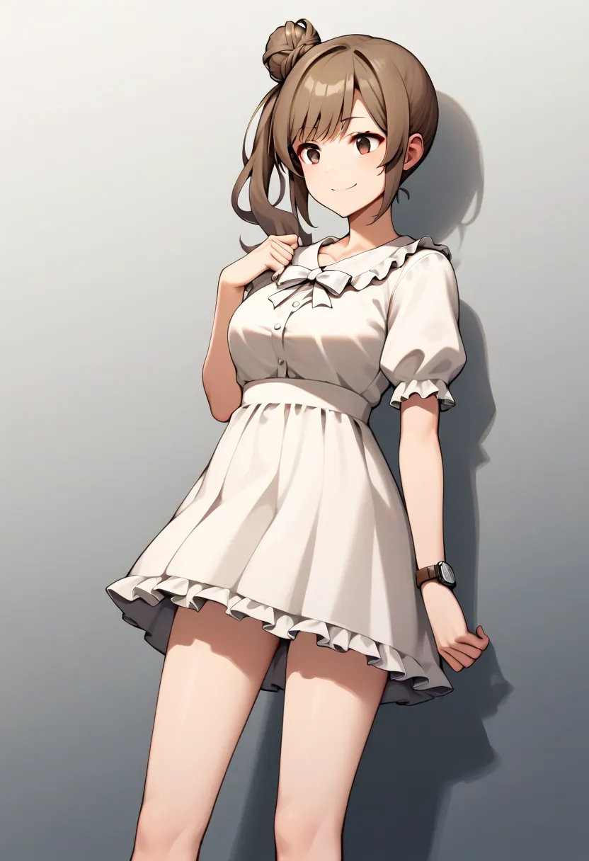  score_9,  score_8_up,  score_7_up,  score_6_up,  score_5_up,  score_4_up,  source_Anime,
break,
Alone,  1 girl,  standing,  watch viewers, smile,  white dress,  frill dress,  white background, 
,  brown hair,  side ponytail with legs against the wall,  si...