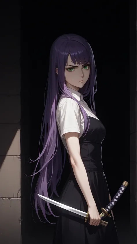  A young woman with long and long straight purple hair,  with a long lock covering the left side of her face ,  penetrating green eyes, a pale white skin ,  slender body, high,  Serious expression, dressed like a murderer  ,  in a dark alley in the middle ...