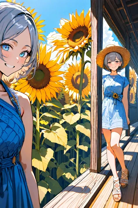 masterpiece,best quality,hyper detailed, girls on the left,grey hair long , inner color,Blue dress, Straw Hat, ice cream from the front,smile,veranda background,summer,Clear skies,Sunflower field