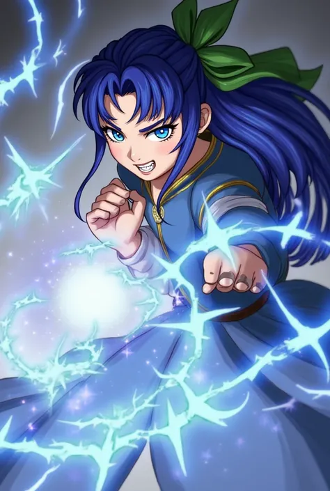 Chun li (Street Fighter), highres, 1girl, blue_eyes, blue_hair, bow, clenched_teeth, dress, fighting_stance, glowing, glowing_hand, green_bow, hair_ornament, hair_rings, incoming_attack, incoming_punch, long_hair, looking_at_viewer, punching, single_hair_r...