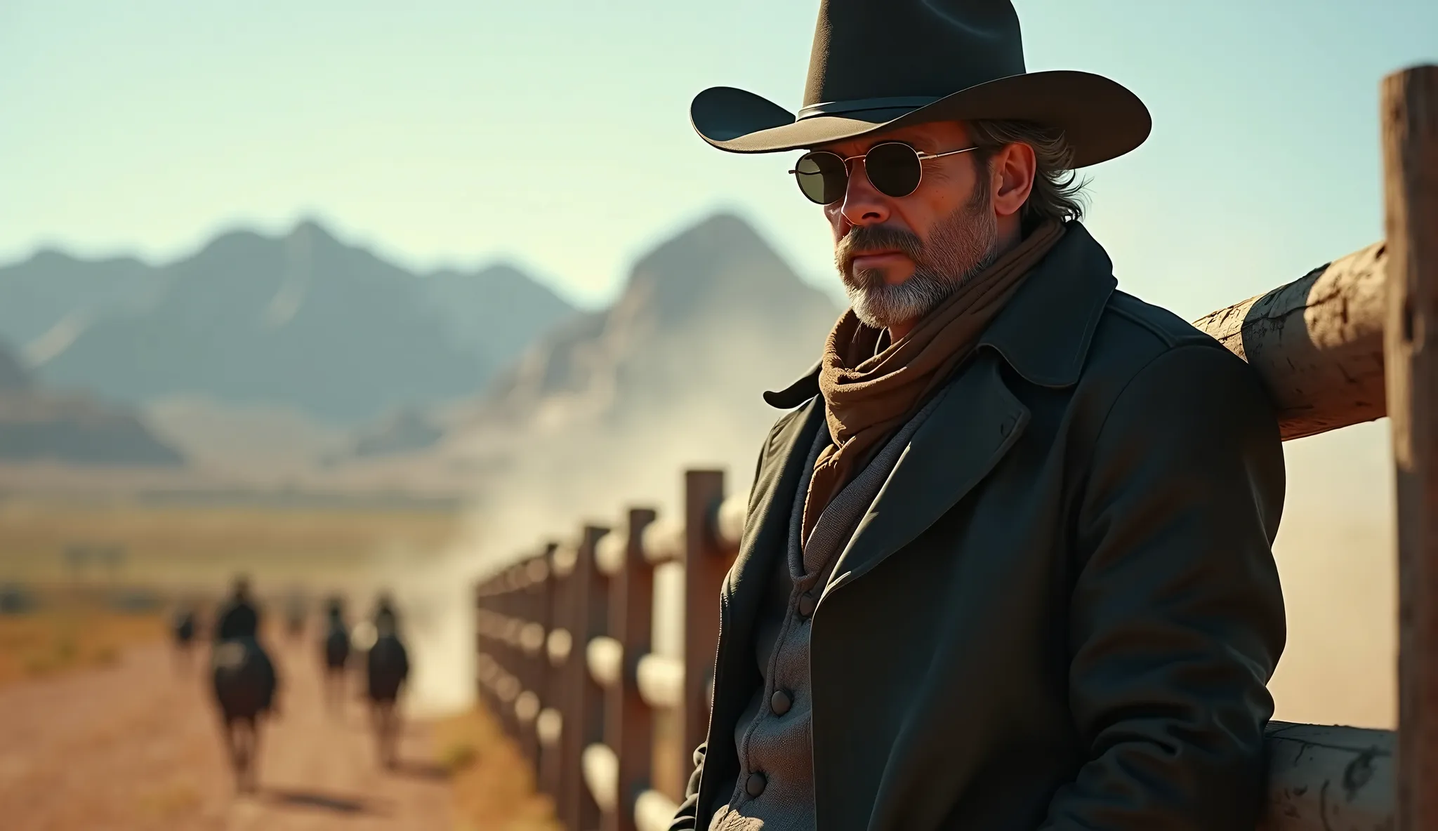 (photorealism:1.2),"A rugged cowboy stands leaning against a wooden fence, wearing a dark cowboy hat, sunglasses, a black jacket, and a brown scarf. His expression is confident and calm as he surveys the scene around him. Behind him, with dust rising from ...