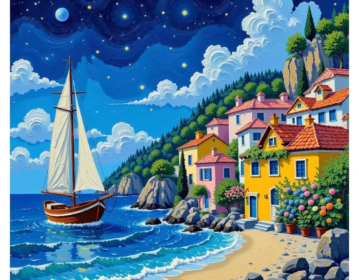  Paint a night scene with a boat in the water,  Mediterranean Fishing Village ,  Sparkling Bay , Mediterranean landscape ,  Artjam and Gailan , Mediterranean landscape , Detailed Dreams,  mediterranean city ,   A bustling magical town  ,  Magical Village ,...