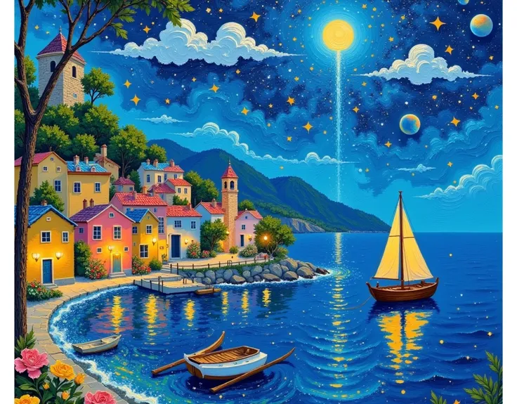  Paint a night scene with a boat in the water,  Mediterranean Fishing Village ,  Sparkling Bay , Mediterranean landscape ,  Artjam and Gailan , Mediterranean landscape , Detailed Dreams,  mediterranean city ,   A bustling magical town  ,  Magical Village ,...