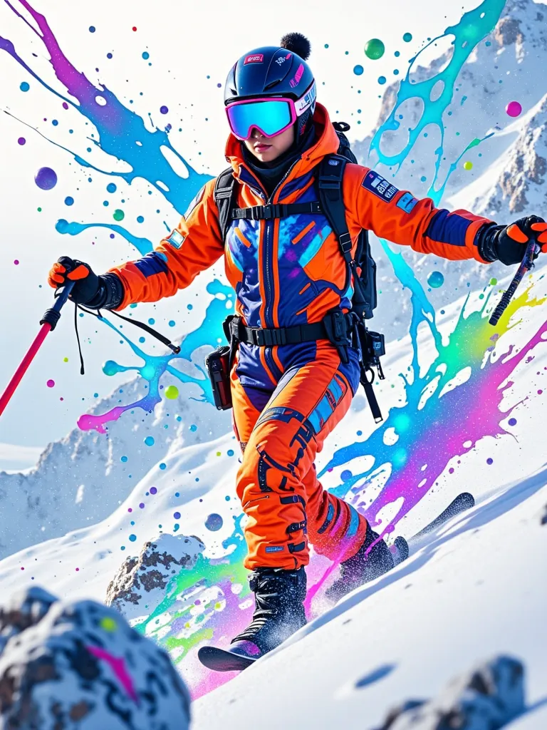 1girl, A 23yo mixed-race model wearing fluorescent orange racing ski suit (Gore-Tex with reflective strips) reveals neon-blue liquid-metal bikini through laser-cut openings at waist and thighs. Captured mid-carve on 50° icefall slope, carbon fiber poles sp...