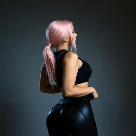 Stable_Yogis_PDXL_Positives score_9, score_8_up, score_7_up, score_6_up, 1girl, solo, long pink hair, standing gracefully in a skintight black crop top with a low-cut neckline that enhances her large chest, paired with sculpting leather leggings that empha...